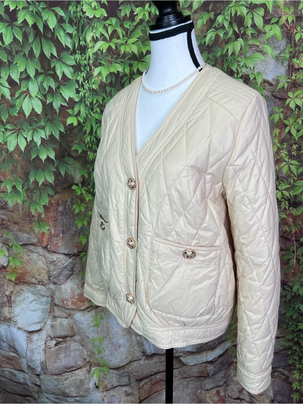 JOH Cream Quilted Quiet Luxury Old Money Quilted Button Front Bomber Jacket, S - Picture 5 of 14